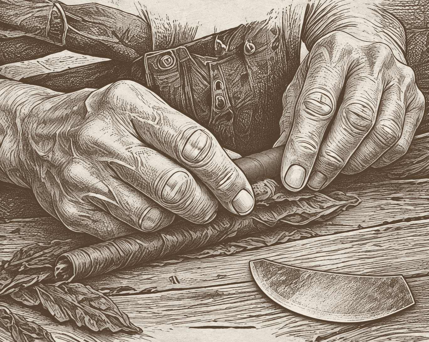 Engraving of hands crafting a cigar.